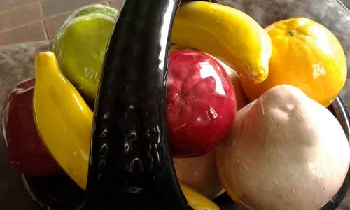 Unique And Striking Large Italian Murano Art Glass Fruit Basket A Cornucopia Of 9 Fruit Marked 1940s