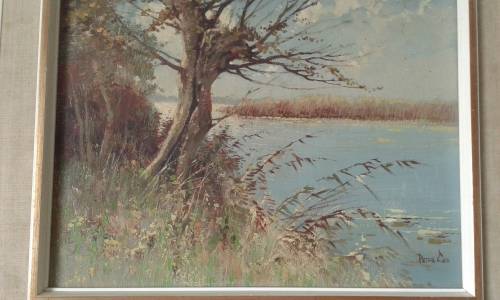 Landscape Lake Oil Painting By Well Known Dutch Painter Peter Cox In Mid Century Frame Marked
