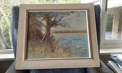 Landscape Lake Oil Painting By Well Known Dutch Painter Peter Cox In Mid Century Frame Marked
