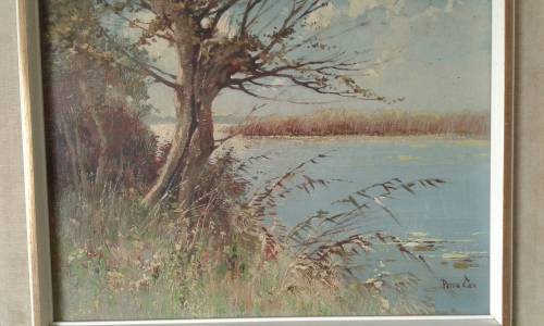 Landscape Lake Oil Painting By Well Known Dutch Painter Peter Cox In Mid Century Frame Marked