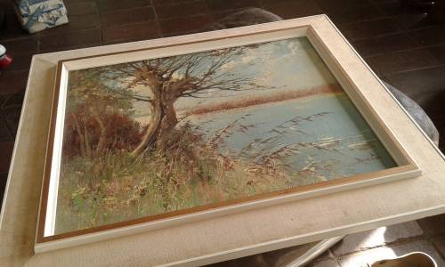 Landscape Lake Oil Painting By Well Known Dutch Painter Peter Cox In Mid Century Frame Marked