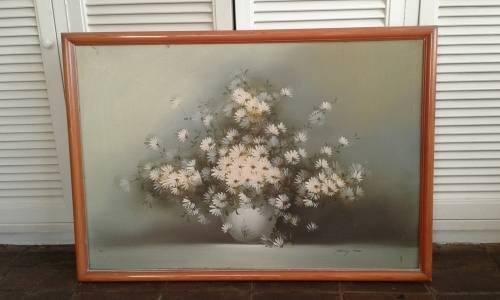 Original NANCY LEE  Floral Impressionist Daisies In Vase Still Life 1960s Oil Painting Framed Signed