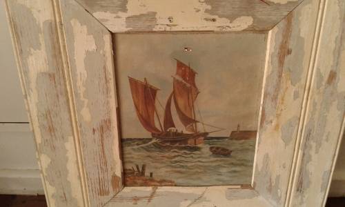 Antique Ship Sailboat Nautical Framed Oil On Canvas Painting In Distressed White Wooden Frame