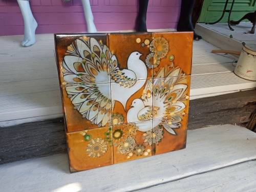 Vintage MCM Amazing Ceramic Handpainted Majolica Art Tile Wall Picture Trivet