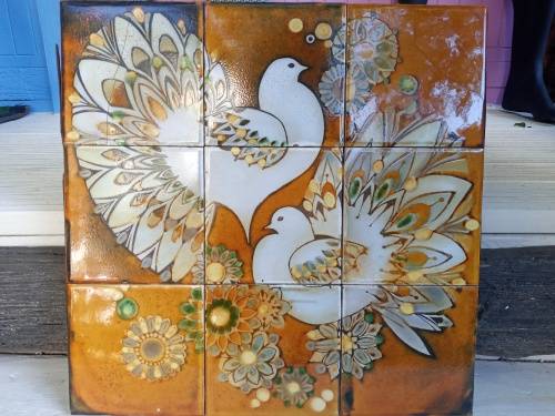 Vintage MCM Amazing Ceramic Handpainted Majolica Art Tile Wall Picture Trivet