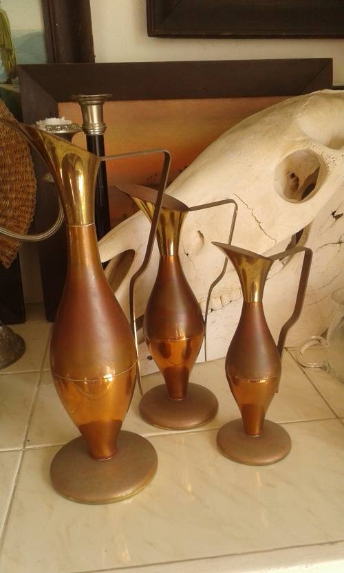 Vintage Mid Century Modern Set Of 3 Dovo Copper Brass Vases Urns Holland