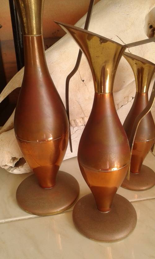 Vintage Mid Century Modern Set Of 3 Dovo Copper Brass Vases Urns Holland