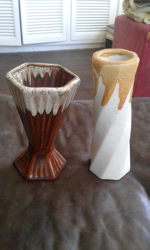 2 Vintage Mid Century Modern Ceramic Majolica  Flower Vases 1960s