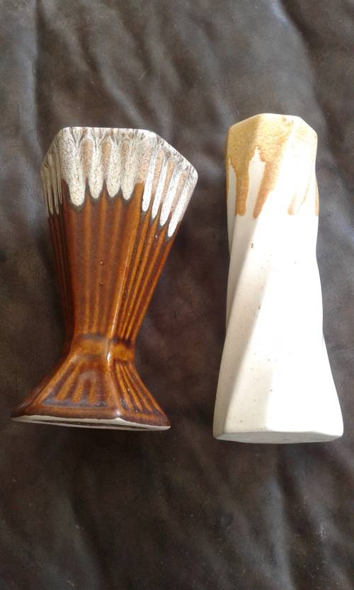 2 Vintage Mid Century Modern Ceramic Majolica  Flower Vases 1960s