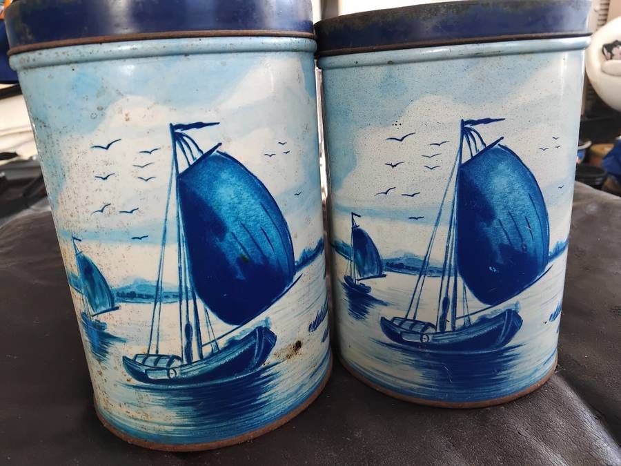 2 Rare Large Antique Dutch Blue Delfts Sailboats And Windmills Theme Metal Tins