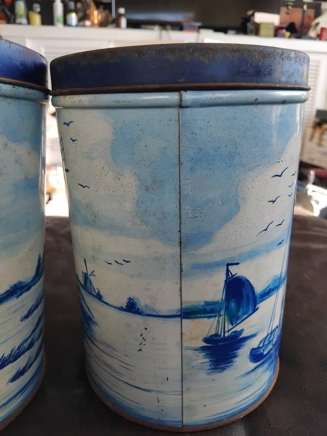 2 Rare Large Antique Dutch Blue Delfts Sailboats And Windmills Theme Metal Tins