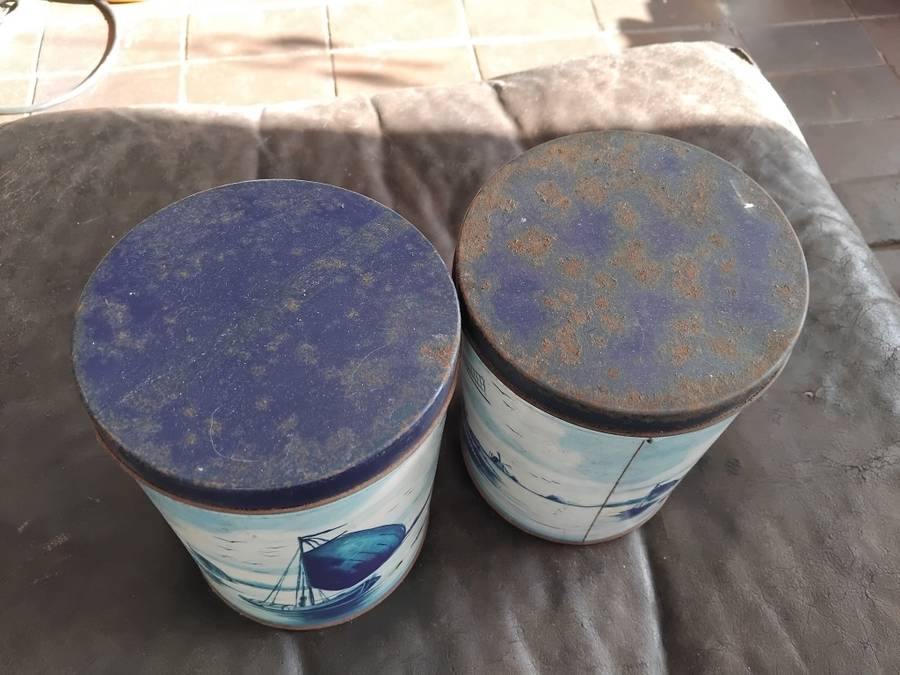 2 Rare Large Antique Dutch Blue Delfts Sailboats And Windmills Theme Metal Tins