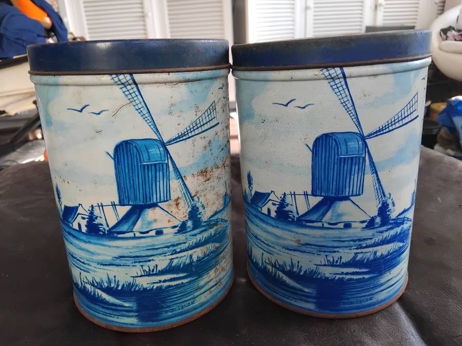 2 Rare Large Antique Dutch Blue Delfts Sailboats And Windmills Theme Metal Tins
