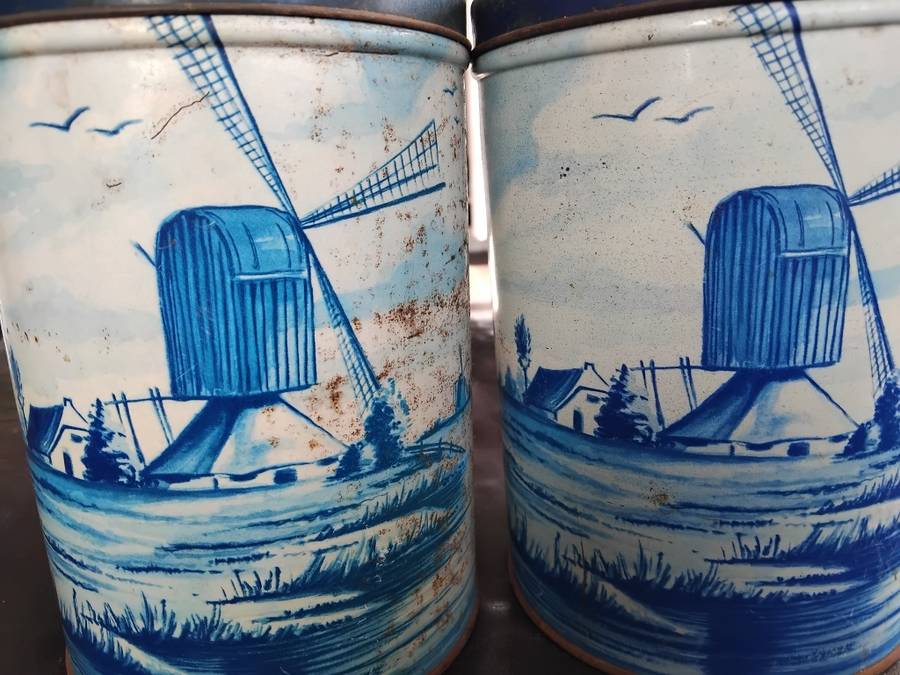 2 Rare Large Antique Dutch Blue Delfts Sailboats And Windmills Theme Metal Tins