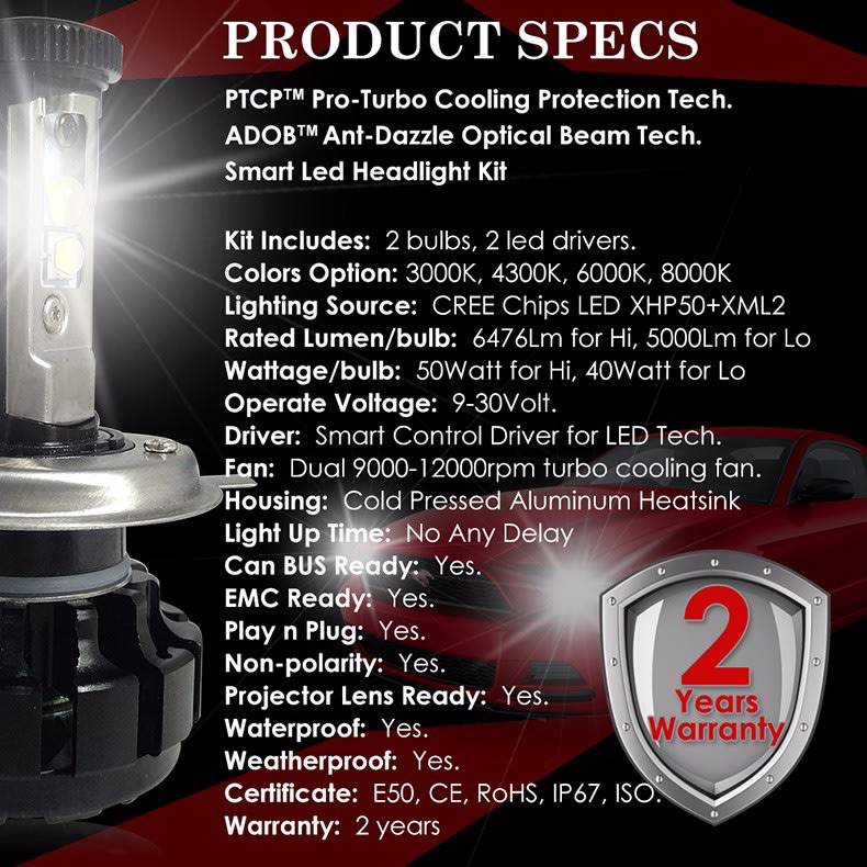 CNSUNNYLIGHT Super Bright Car LED Headlight Kit H4 H13 9007 Hi/Lo H7 H11 9005 9006 w/ XHP50 Chips