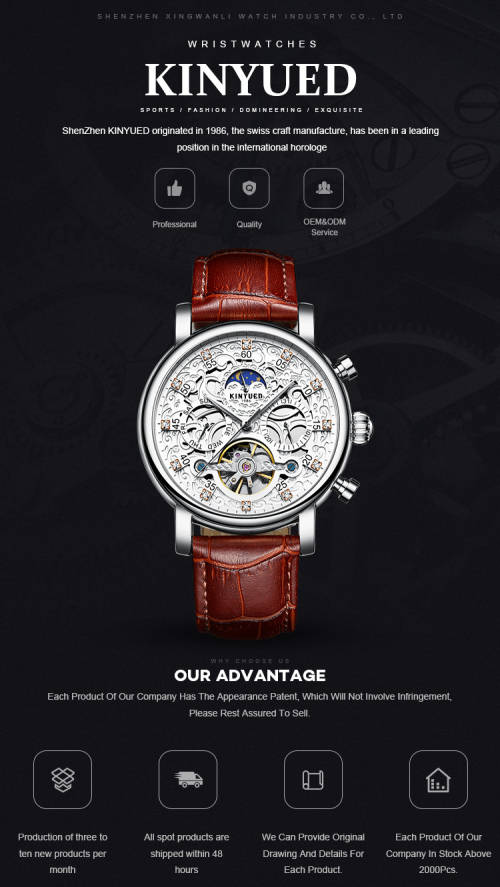 KINYUED J026-3 Stainless Steel Leather Watch Waterproof Wristwatch