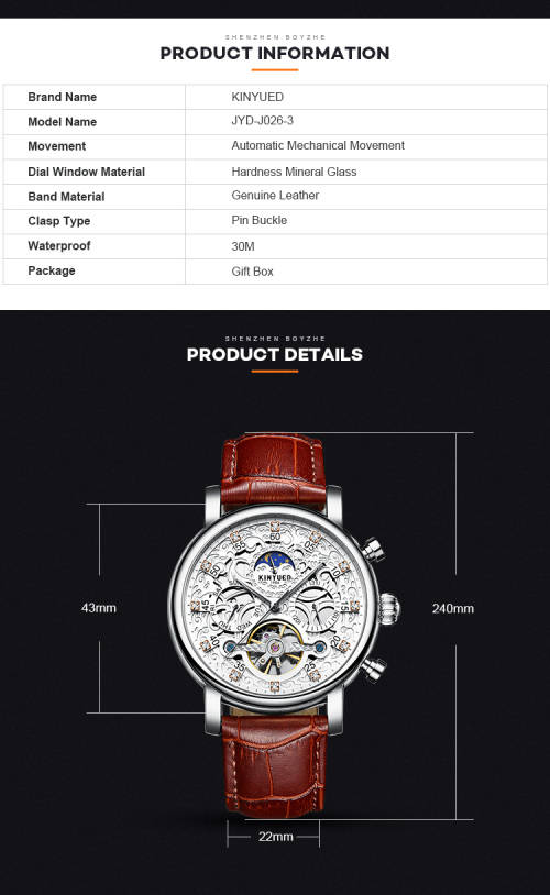 KINYUED J026-3 Stainless Steel Leather Watch Waterproof Wristwatch