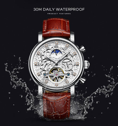 KINYUED J026-3 Stainless Steel Leather Watch Waterproof Wristwatch