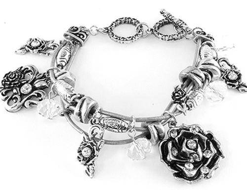 ROSE IMAGE - SILVER COLOR WITH CRYSTAL STONE INLAYS - TOGGLE BRACELET