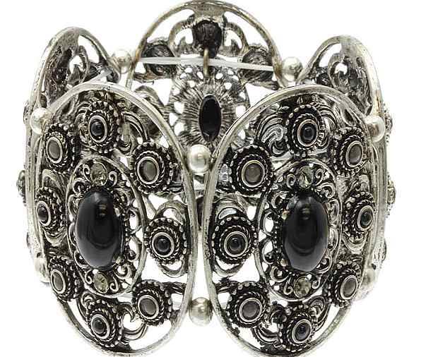 BLACK METALIC - CRYSTAL STONE, BURNISH OVAL DISC - CHUNKY STRETCH BRACELET