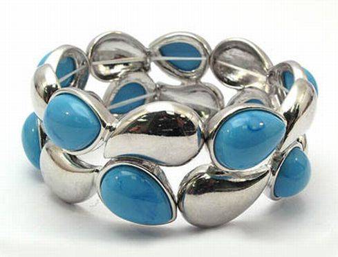 SILVER METAL - TEARDROP MOTIF WITH TURQUOISE INLAYS - STRETCHY BRACELET