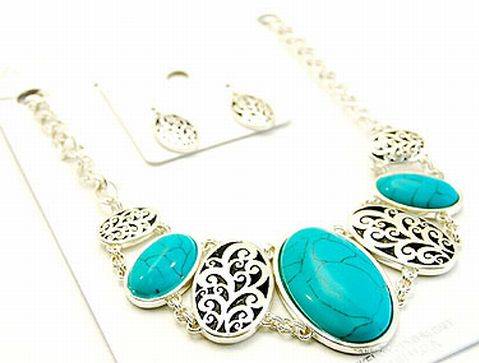 NATURAL TURQUOISE OVAL  STONES,  MARBLE TEXTURE IMAGE CHUNKY NECKLACE SET............