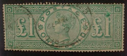 1891 Great Britain, Queen Victoria Green new color,1pound stamp used hinged no gum.