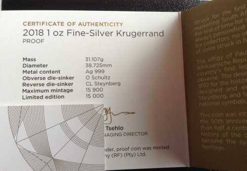 2018 South Africa Silver Krugerrand Proof 1 oz Coin