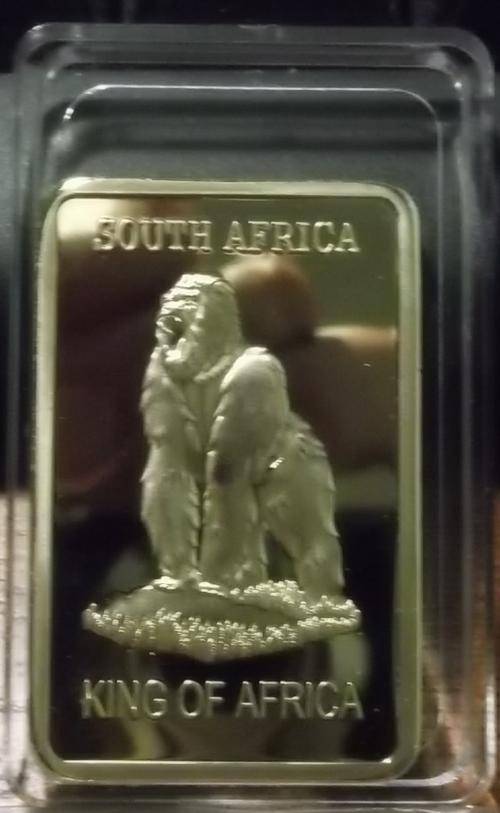 SOUTH-AFRICA-KRUGERRAND-1-OZ-999-24K-GOLD-PLATED-BAR-KING-OF-AFRICA GORILLA.