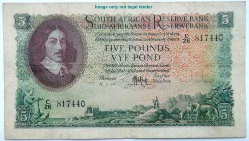 SA 5 Pound Note C26 MH de Kock Date:17.1.53, folds but excellent