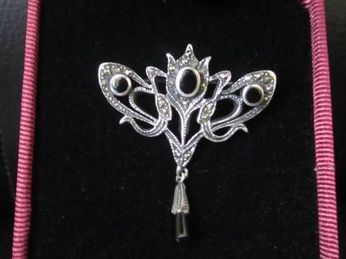 Art Deco costume jewellery brooch with marcasites & black glass
