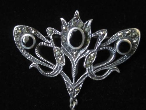 Art Deco costume jewellery brooch with marcasites & black glass