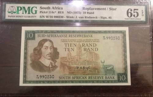 GRADED 1975 R10 ( REPLACEMENT NOTE ) GEM 65 * note