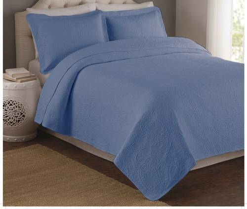 3PCE Paisley French Blue Flat Quilted Bedspread - King