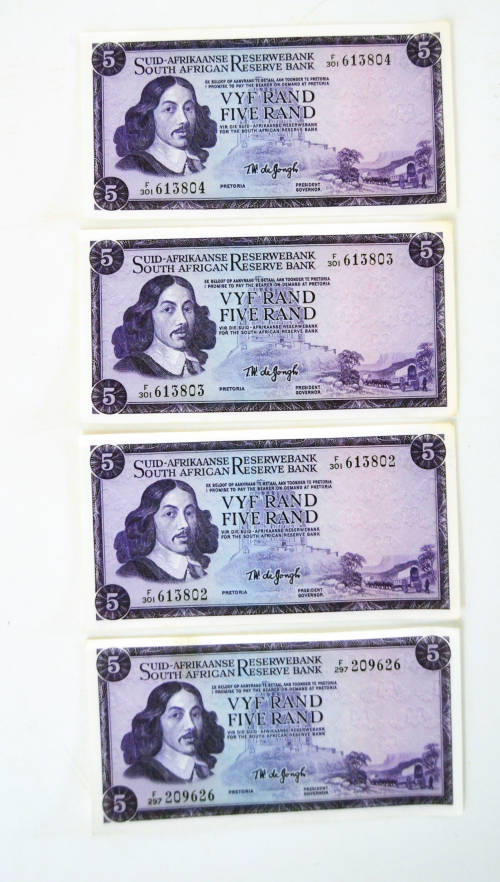 Bank Notes FIVE Rand TW de Jongh set of 4