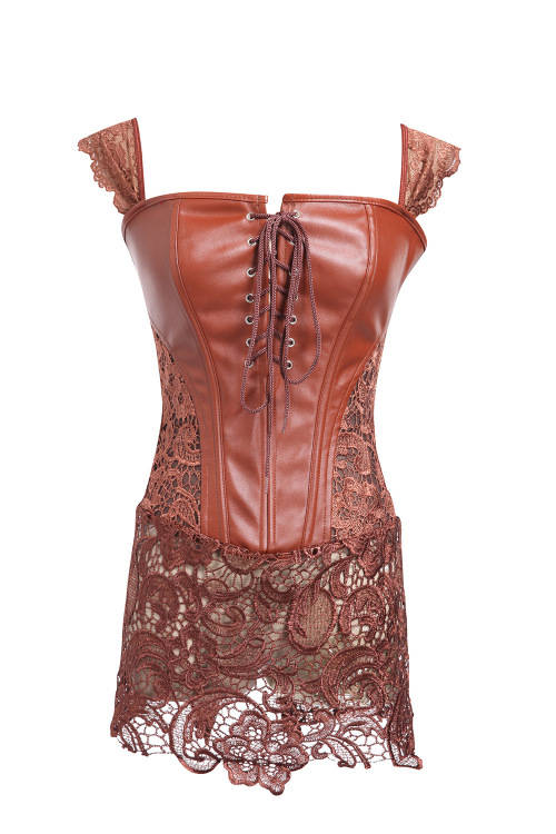 Sexy Lace Patchwork Leather Corset Shapewear Plus Size Bodysuit Steampunk