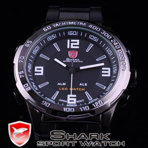 *PERFECT GIFT* SHARK LED 3 HAND FULL BLACK IP STEEL WATCH W/ BOX, PAPERS, LOADED!!