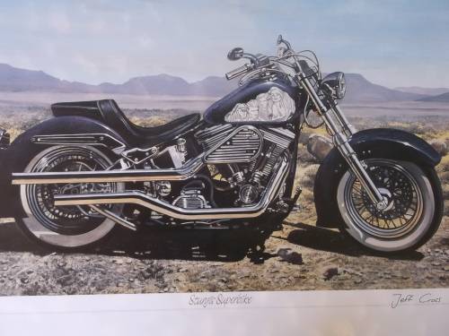 Set of 2 prints of motorbkie paintings by Jeff Cross, originally signed.