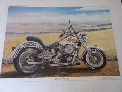 Set of 2 prints of motorbkie paintings by Jeff Cross, originally signed.