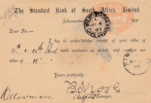 SOUTH AFRICA    STD BANK    POSTAL HISTORY  DATED  1890                  D72