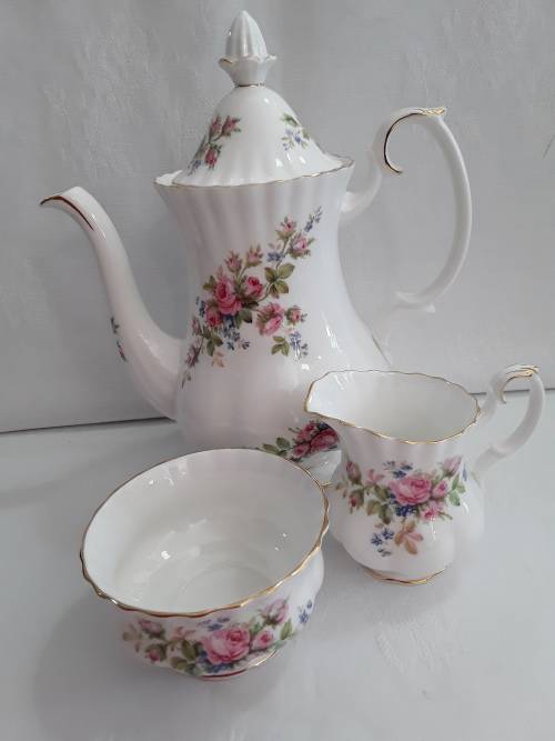 Royal Albert  ''Moss Rose''  Coffee  Pot Milk  &  Sugar