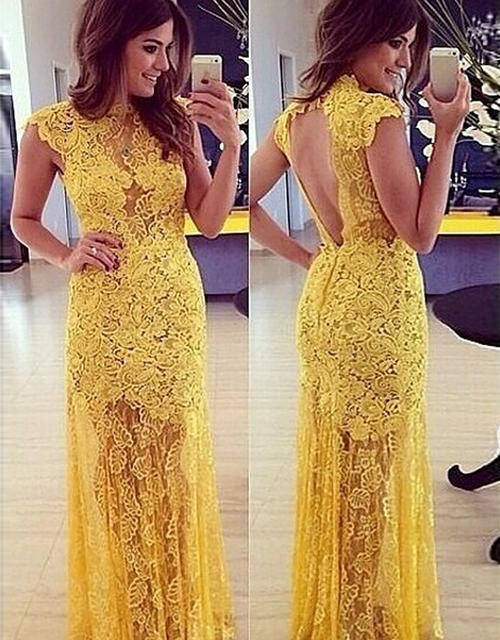 Elegant Yellow Lace Prom Dress