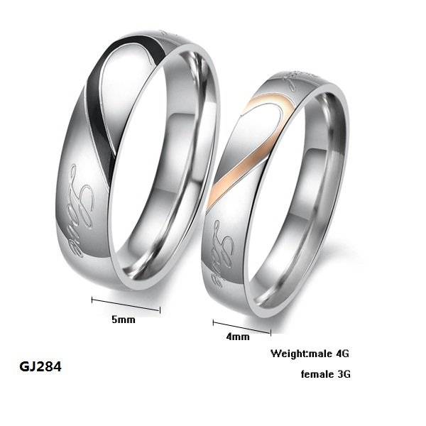 316L Stainless Steel Silver Half Heart Simple Circle Real Love Couple Ring Set