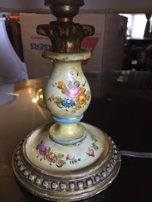 GORGEOUS SMALL HAND PAINTED GILT LAMP WITH SHADE