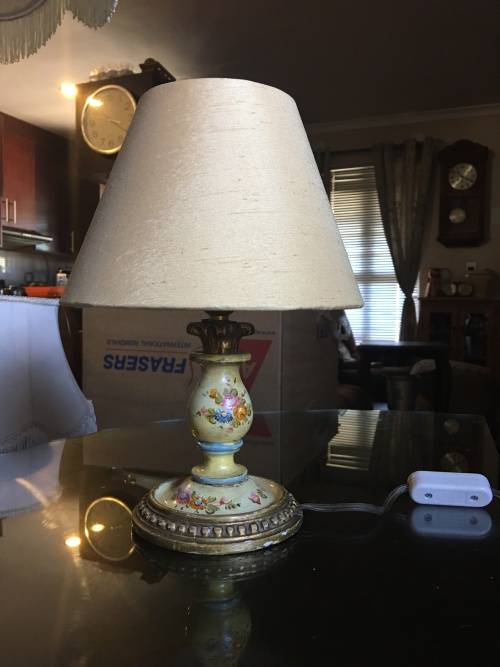 GORGEOUS SMALL HAND PAINTED GILT LAMP WITH SHADE