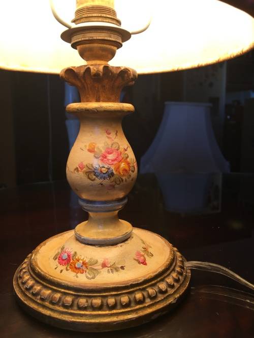 GORGEOUS SMALL HAND PAINTED GILT LAMP WITH SHADE