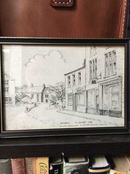 Beautiful framed pencil sketch by N.Sharp 1986 of Skipton building society in Silsden