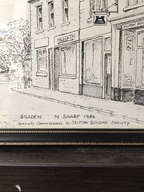 Beautiful framed pencil sketch by N.Sharp 1986 of Skipton building society in Silsden