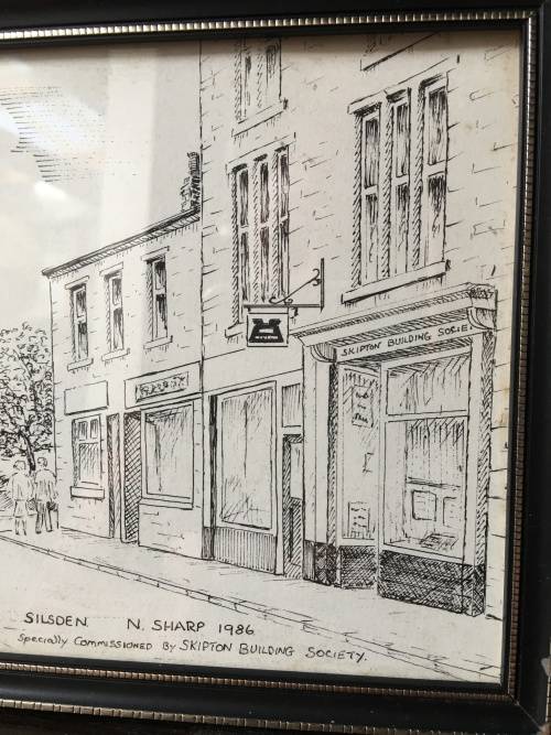Beautiful framed pencil sketch by N.Sharp 1986 of Skipton building society in Silsden
