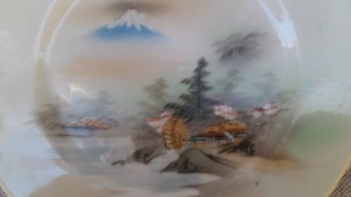 Beautiful. Japanese Plate with waterwheel and Mount Fuji unsigned